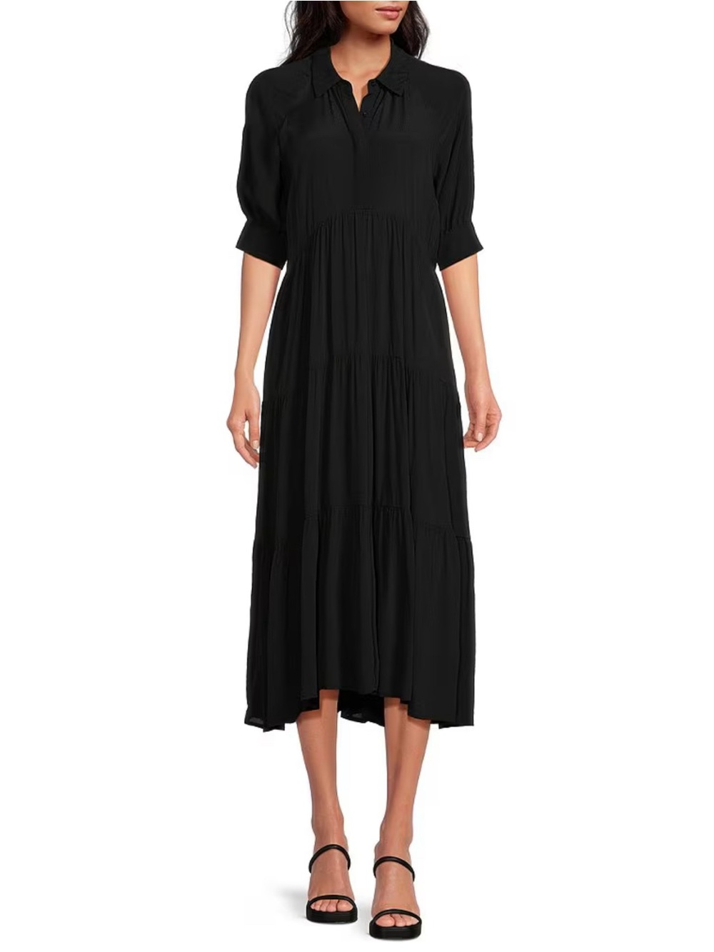 a loves a Balloon Cuff Sleeve Black Tiered Drop Waist Midi Shirt Dress size S
